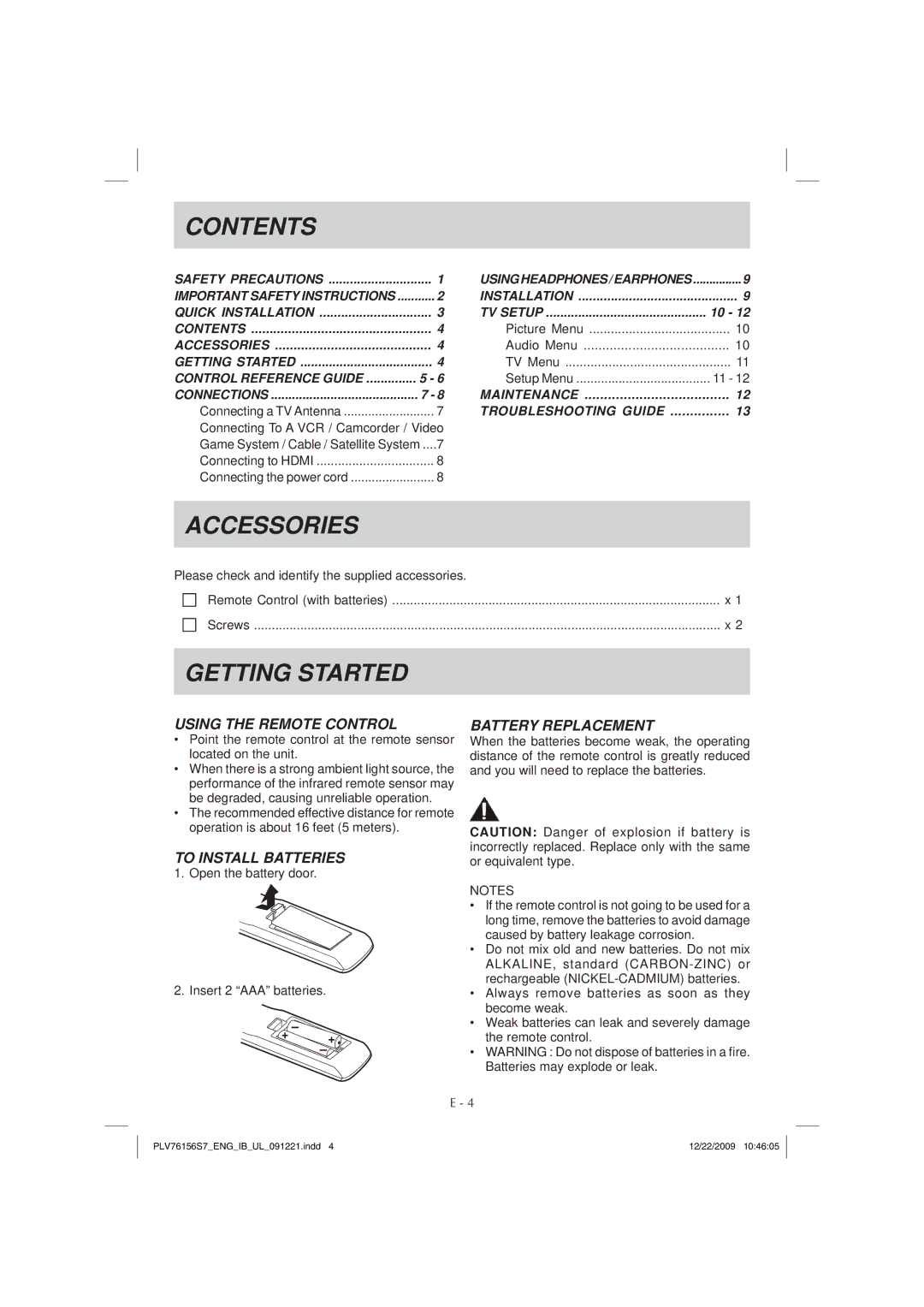 Venturer PLV7615H instruction manual Contents, Accessories, Getting Started 