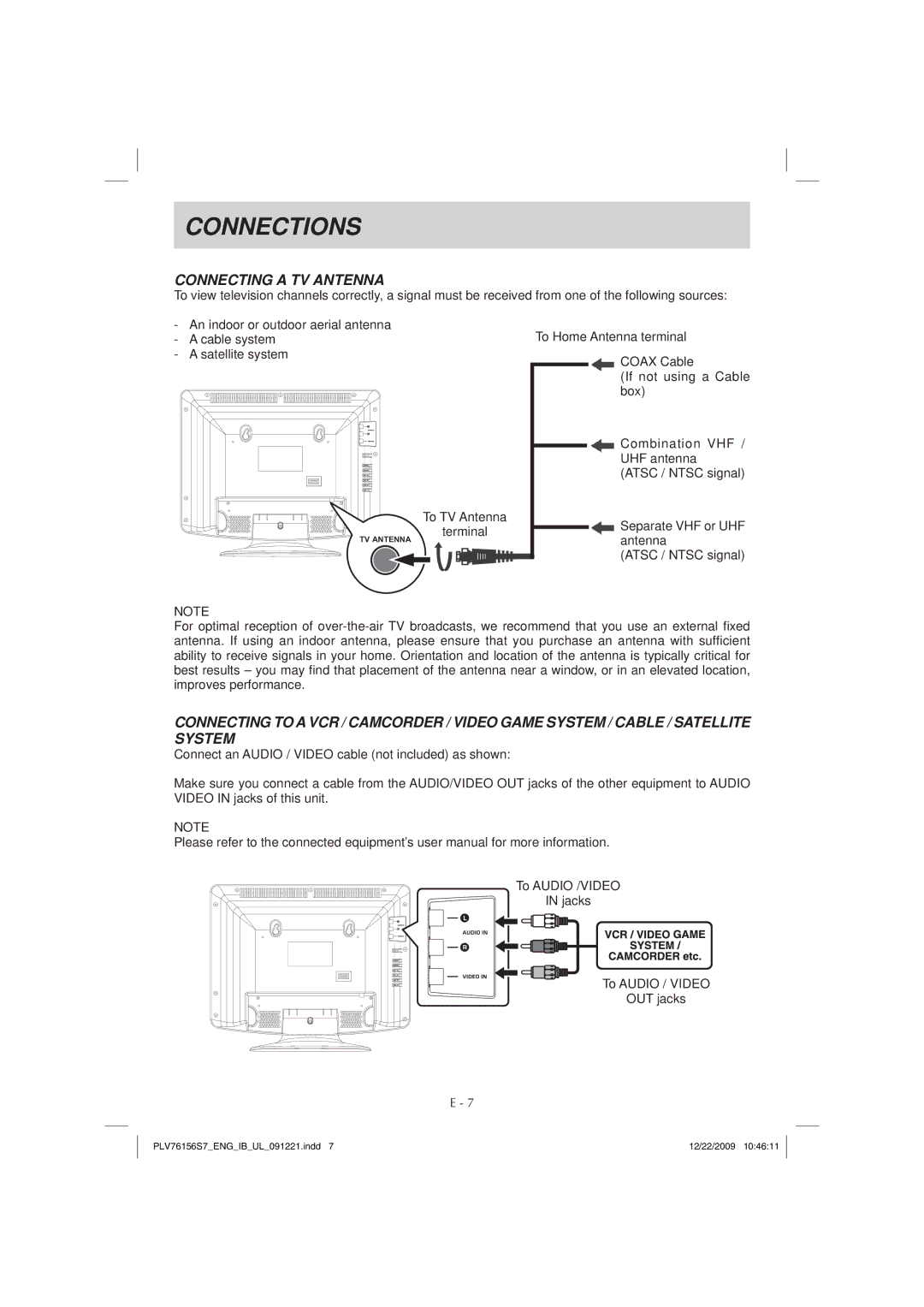 Venturer PLV7615H instruction manual Connections, Connecting a TV Antenna 