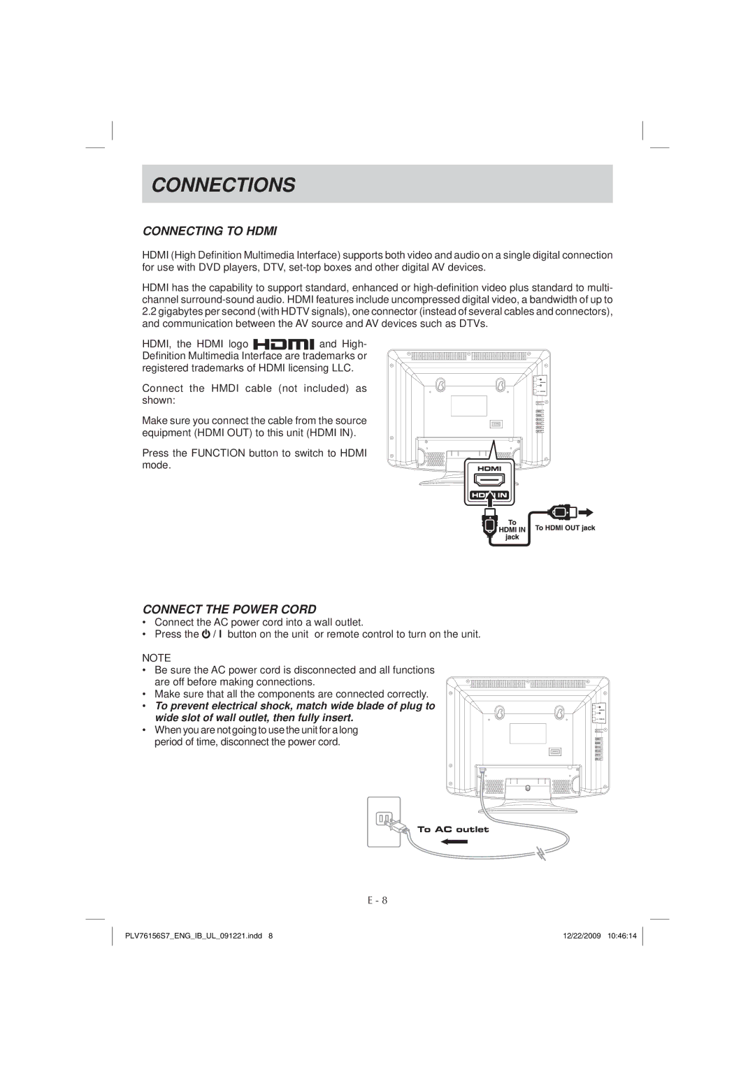 Venturer PLV7615H instruction manual Connecting to Hdmi, Connect the Power Cord 