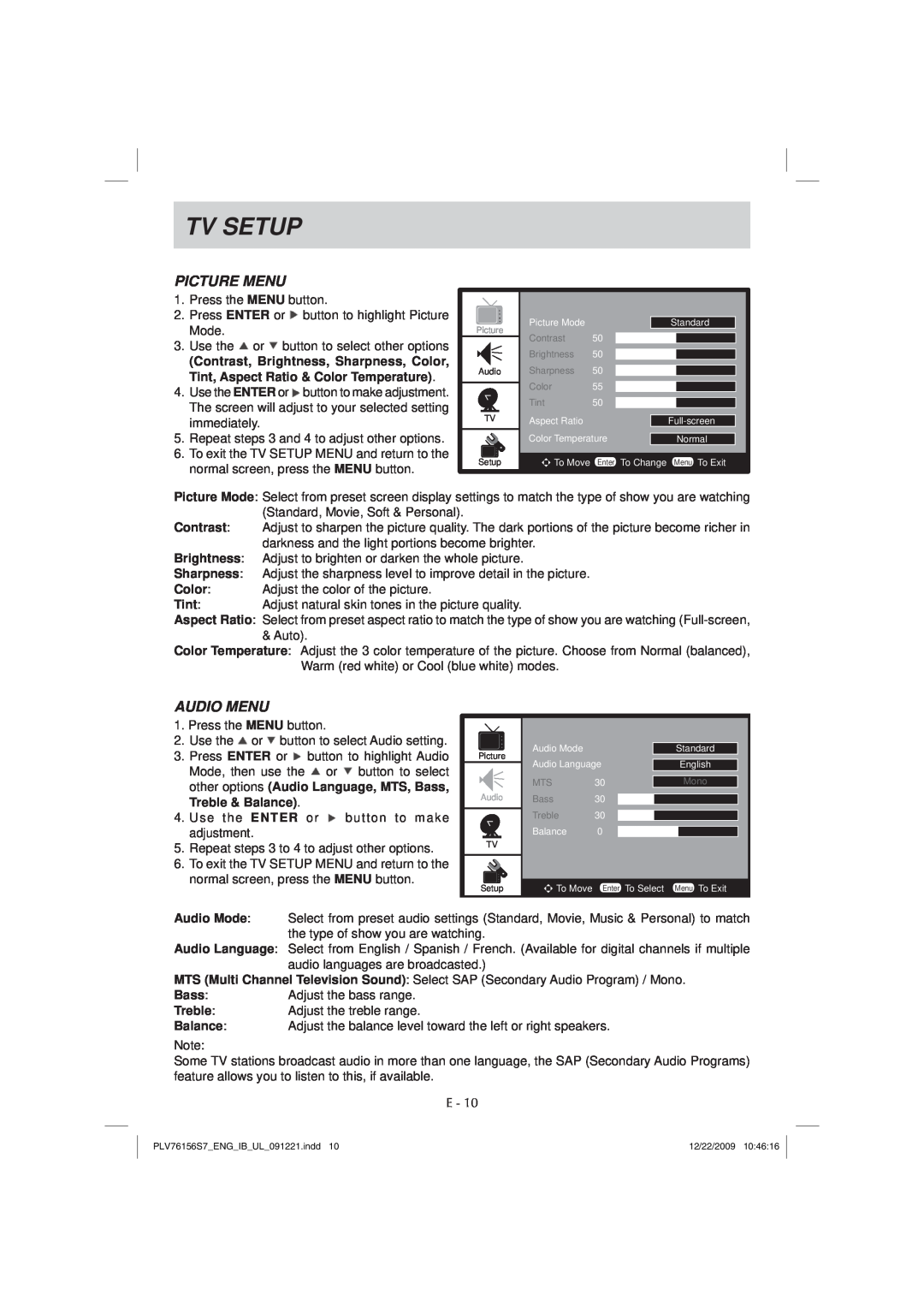 Venturer PLV7615H instruction manual Tv Setup, Picture Menu, Audio Menu 