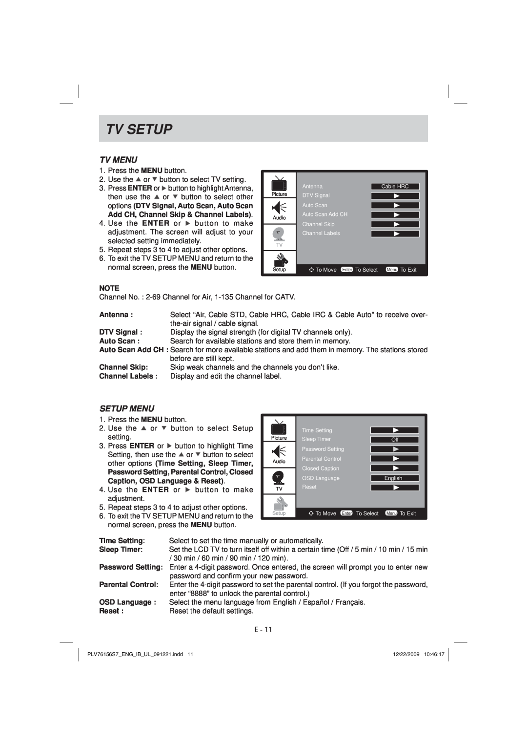 Venturer PLV7615H instruction manual Tv Menu, Setup Menu, Tv Setup 