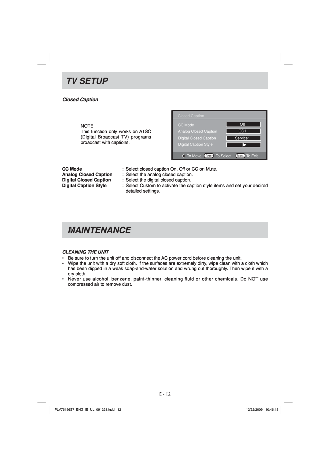 Venturer PLV7615H Maintenance, Tv Setup, CC Mode, Analog Closed Caption, Digital Closed Caption, Digital Caption Style 