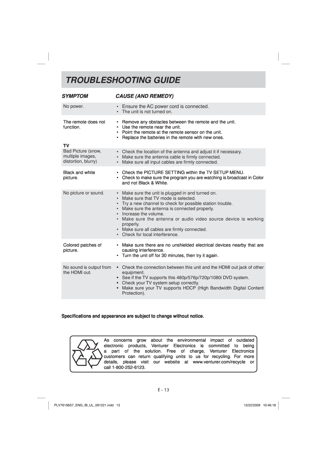 Venturer PLV7615H Troubleshooting Guide, Symptom, Cause And Remedy, Ensure the AC power cord is connected 