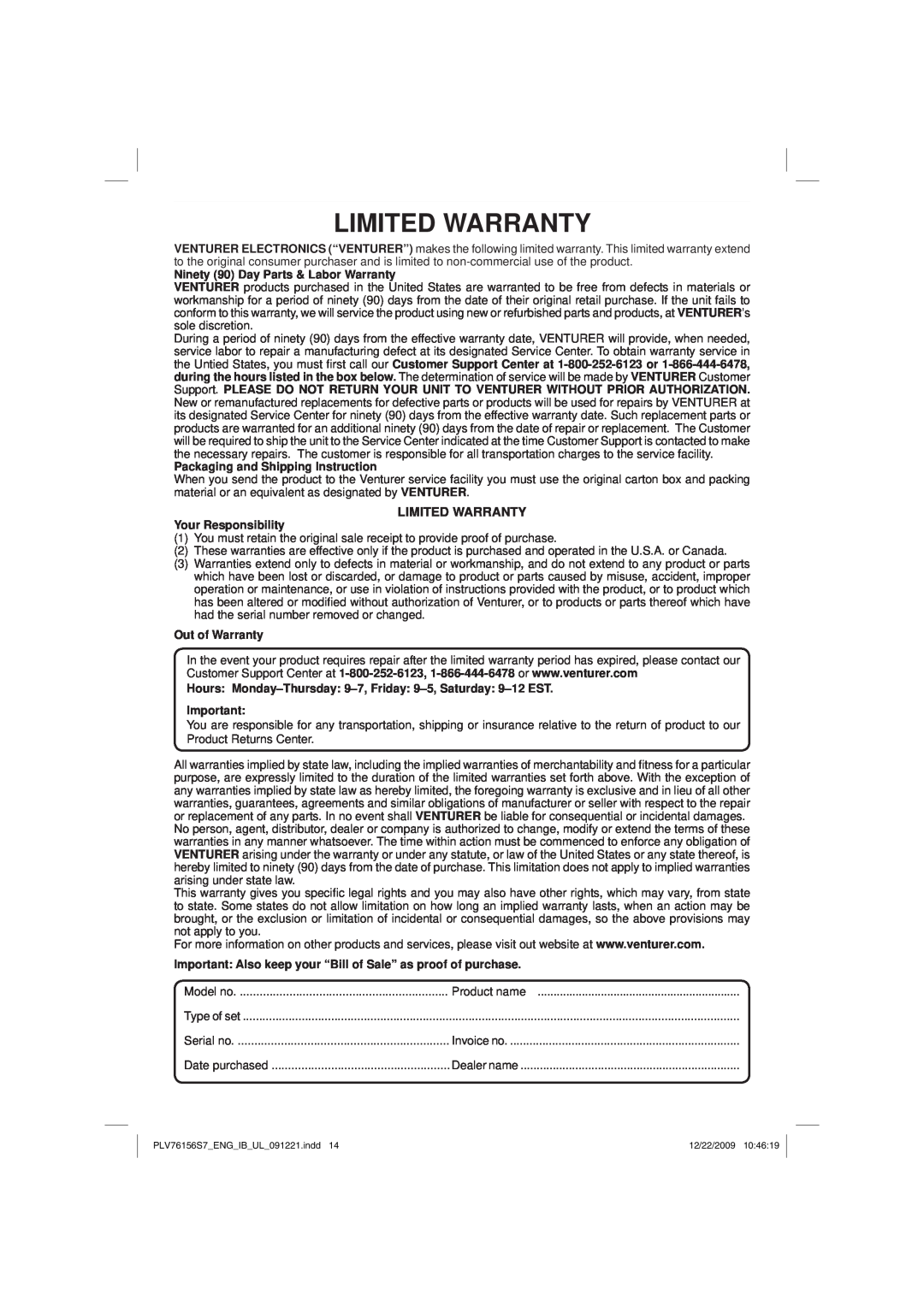 Venturer PLV7615H instruction manual Limited Warranty 