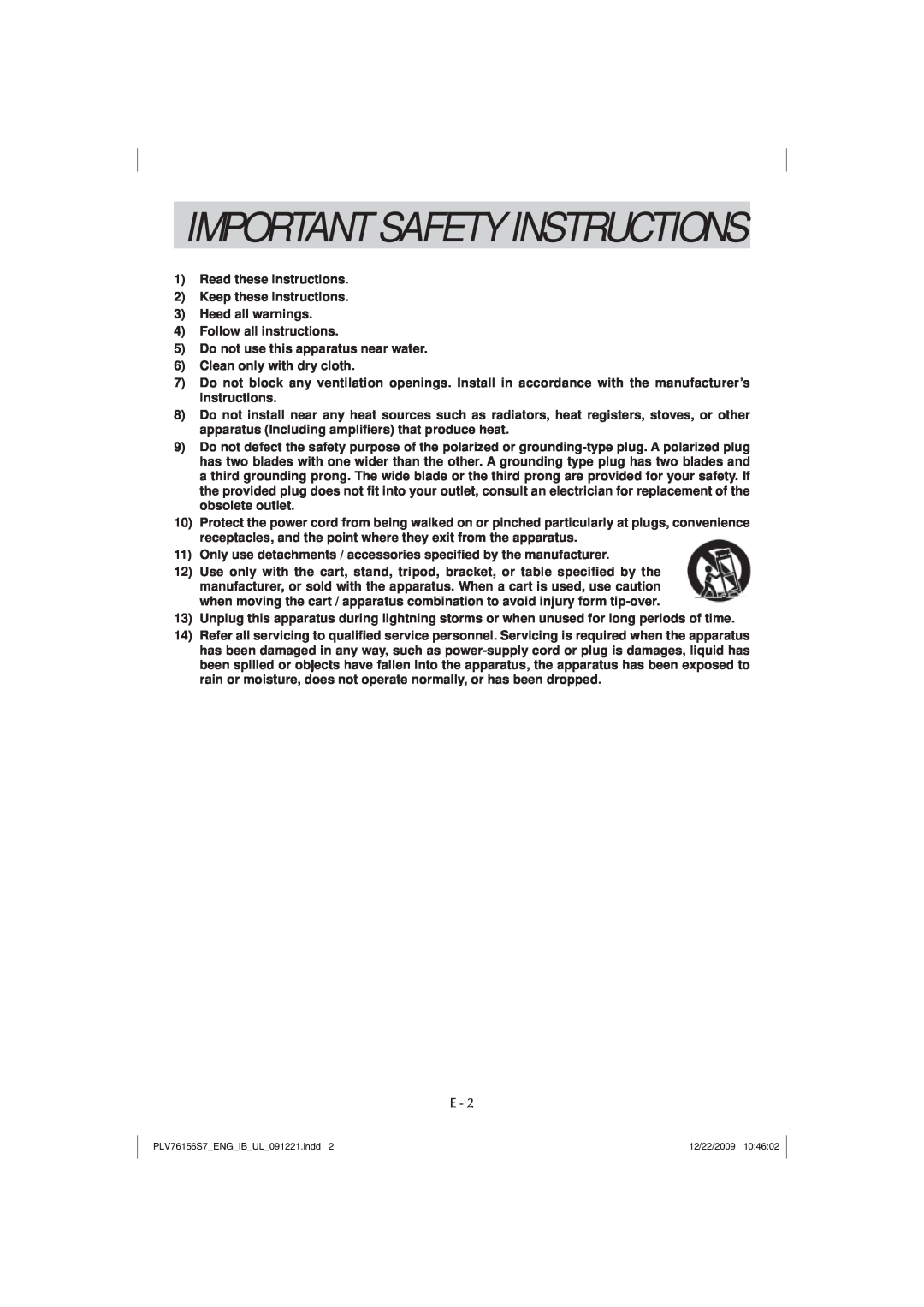 Venturer PLV7615H instruction manual Important Safety Instructions 