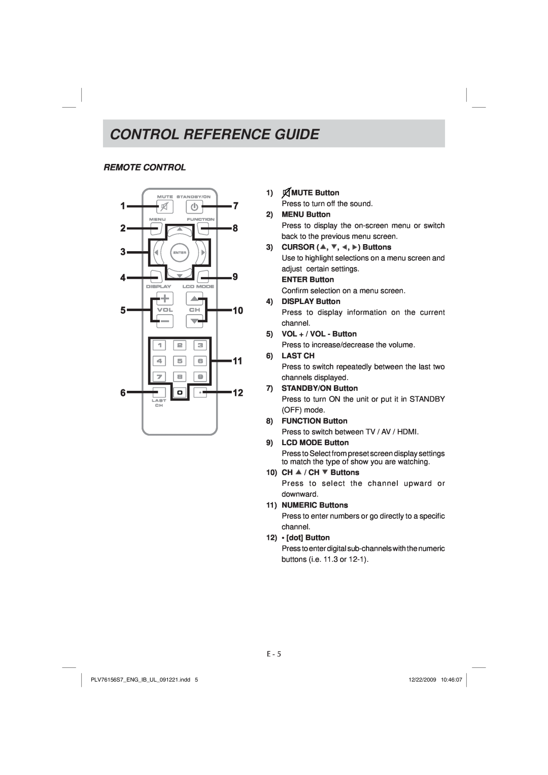 Venturer PLV7615H instruction manual Control Reference Guide, Remote Control 