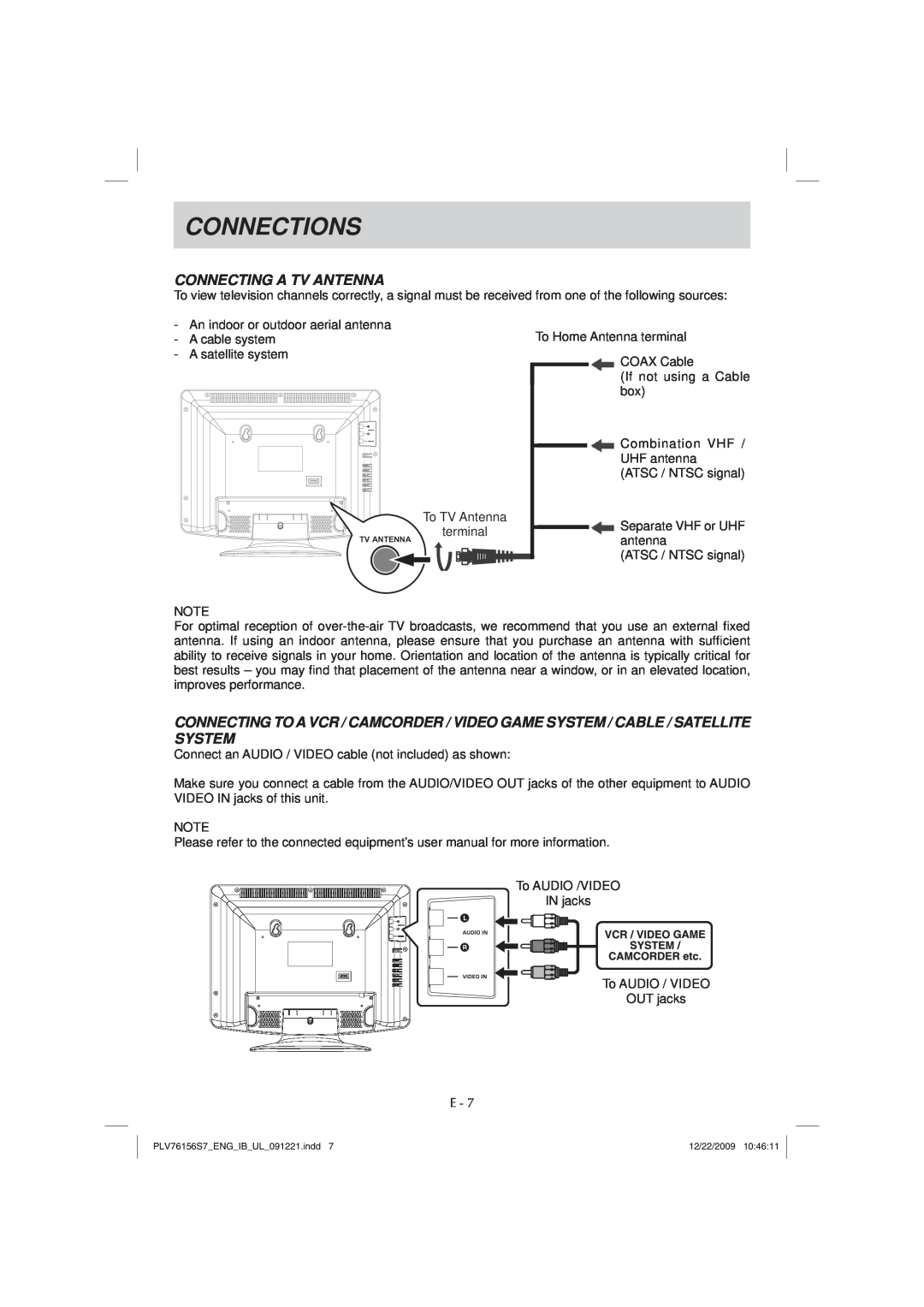 Venturer PLV7615H instruction manual Connections, Connecting A Tv Antenna 