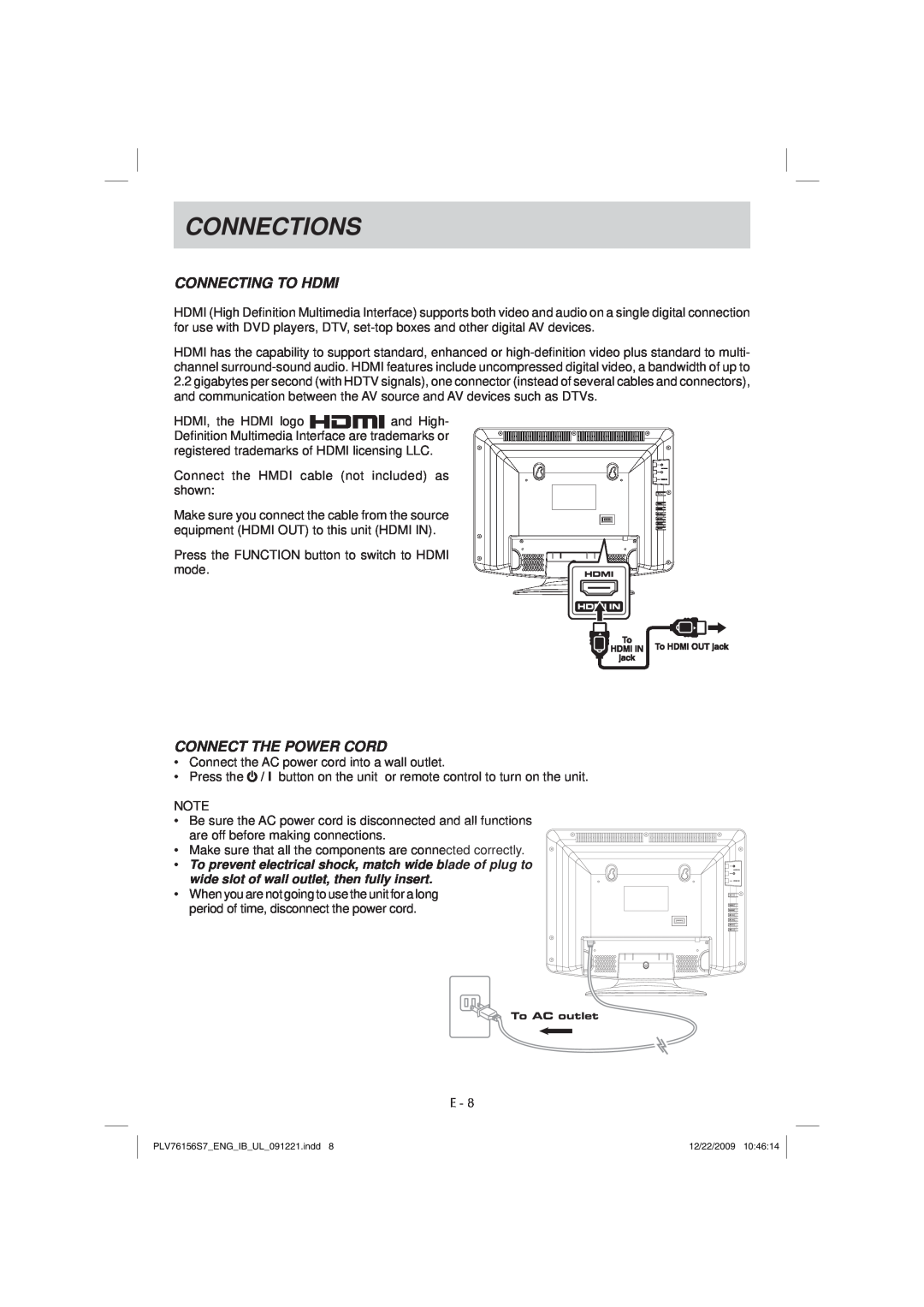 Venturer PLV7615H instruction manual Connecting To Hdmi, Connect The Power Cord, Connections, To AC outlet 