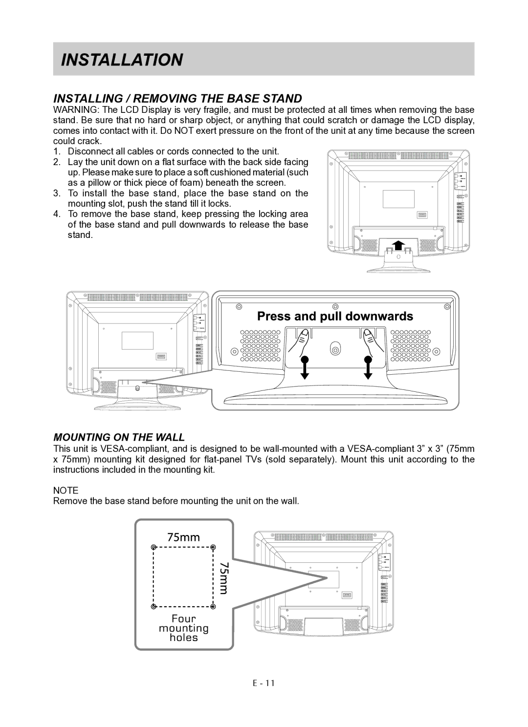 Venturer PLV76176 instruction manual Installation, Mounting on the Wall 