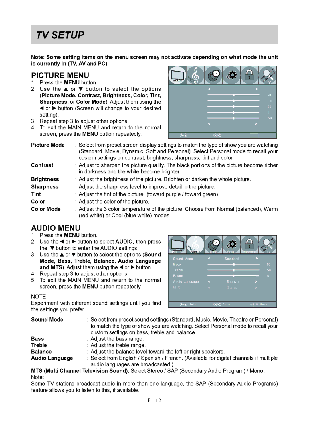 Venturer PLV76176 instruction manual TV Setup 