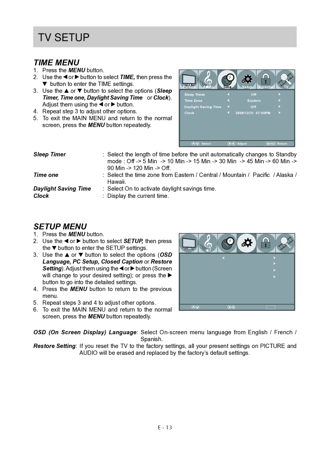 Venturer PLV76176 instruction manual Sleep Timer, Time Zone, Daylight Saving Time, Clock 