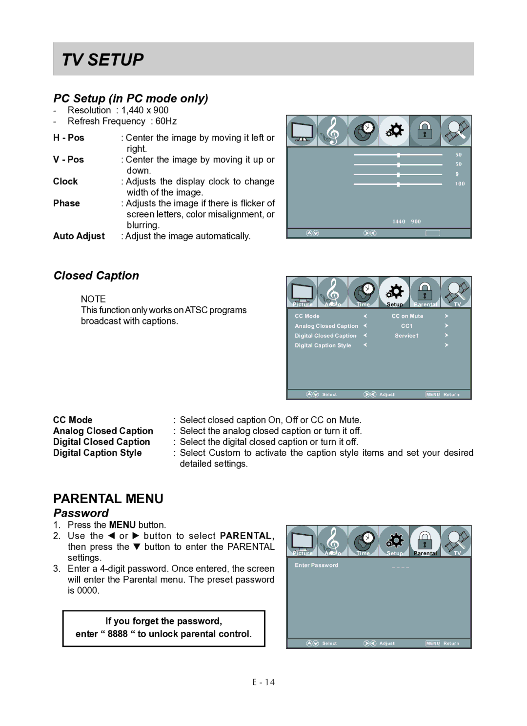 Venturer PLV76176 instruction manual PC Setup in PC mode only, Closed Caption, Password 