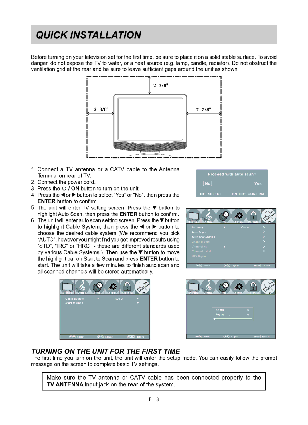 Venturer PLV76176 instruction manual Quick Installation, Turning On the Unit for the first time 