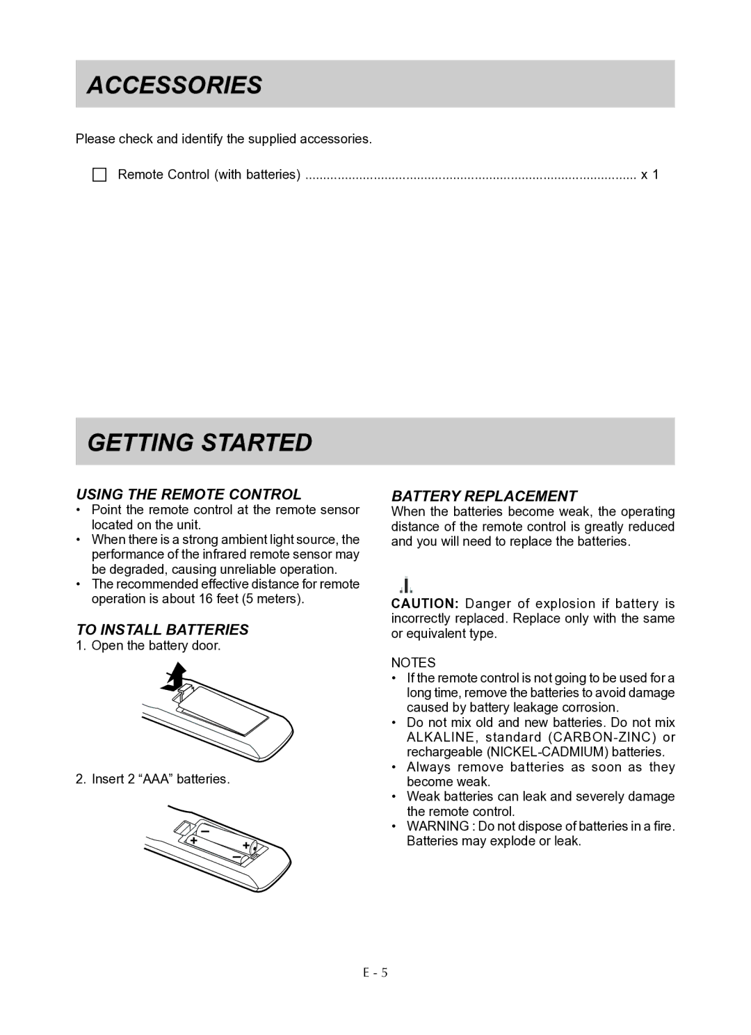 Venturer PLV76176 Accessories, Getting Started, Using the Remote Control, To Install Batteries, Battery Replacement 