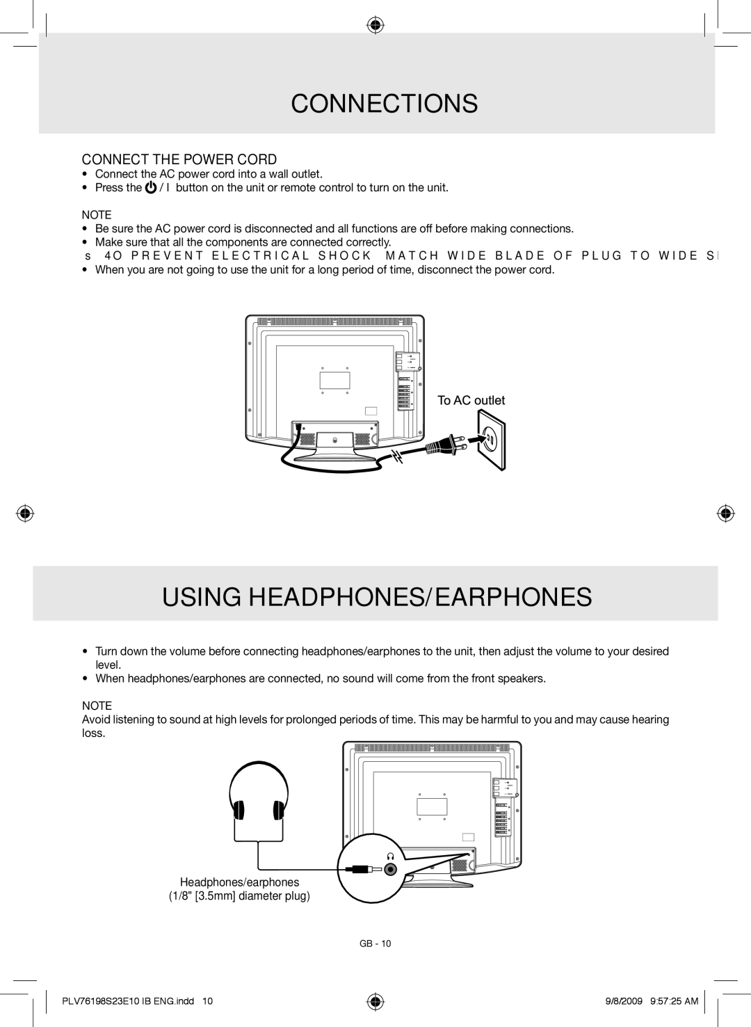 Venturer PLV76198E owner manual CONNECtions, Connect the Power cord 