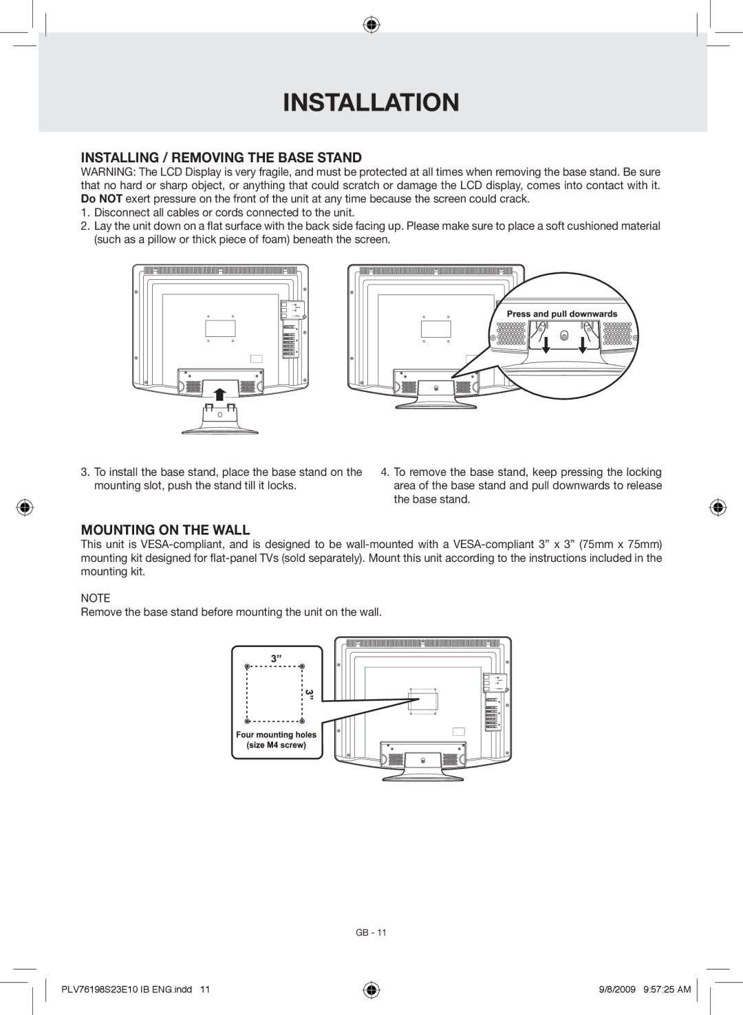 Venturer PLV76198E owner manual Installation, Installing / Removing the Base Stand, Mounting on the Wall 