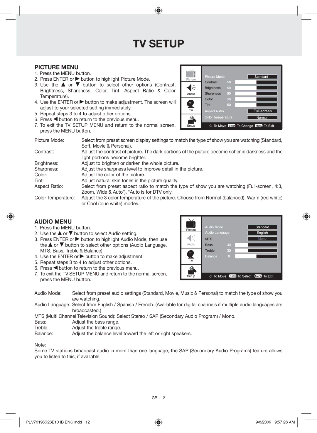 Venturer PLV76198E owner manual TV Setup, Picture Menu, Audio Menu 