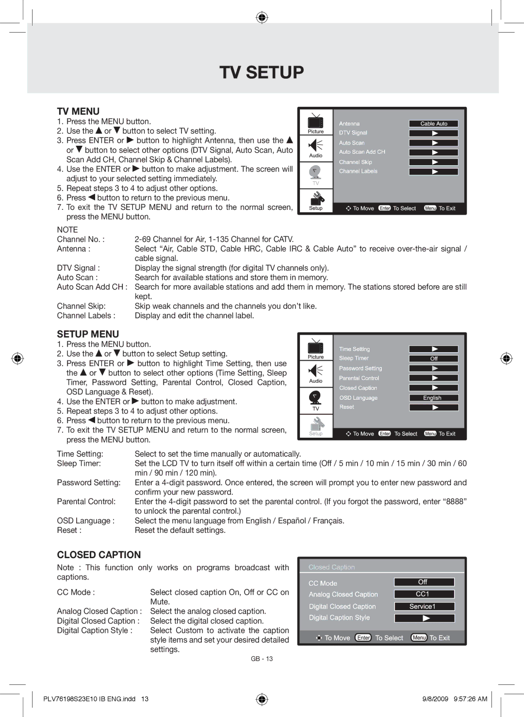 Venturer PLV76198E owner manual TV Menu, Setup Menu, Closed Caption 