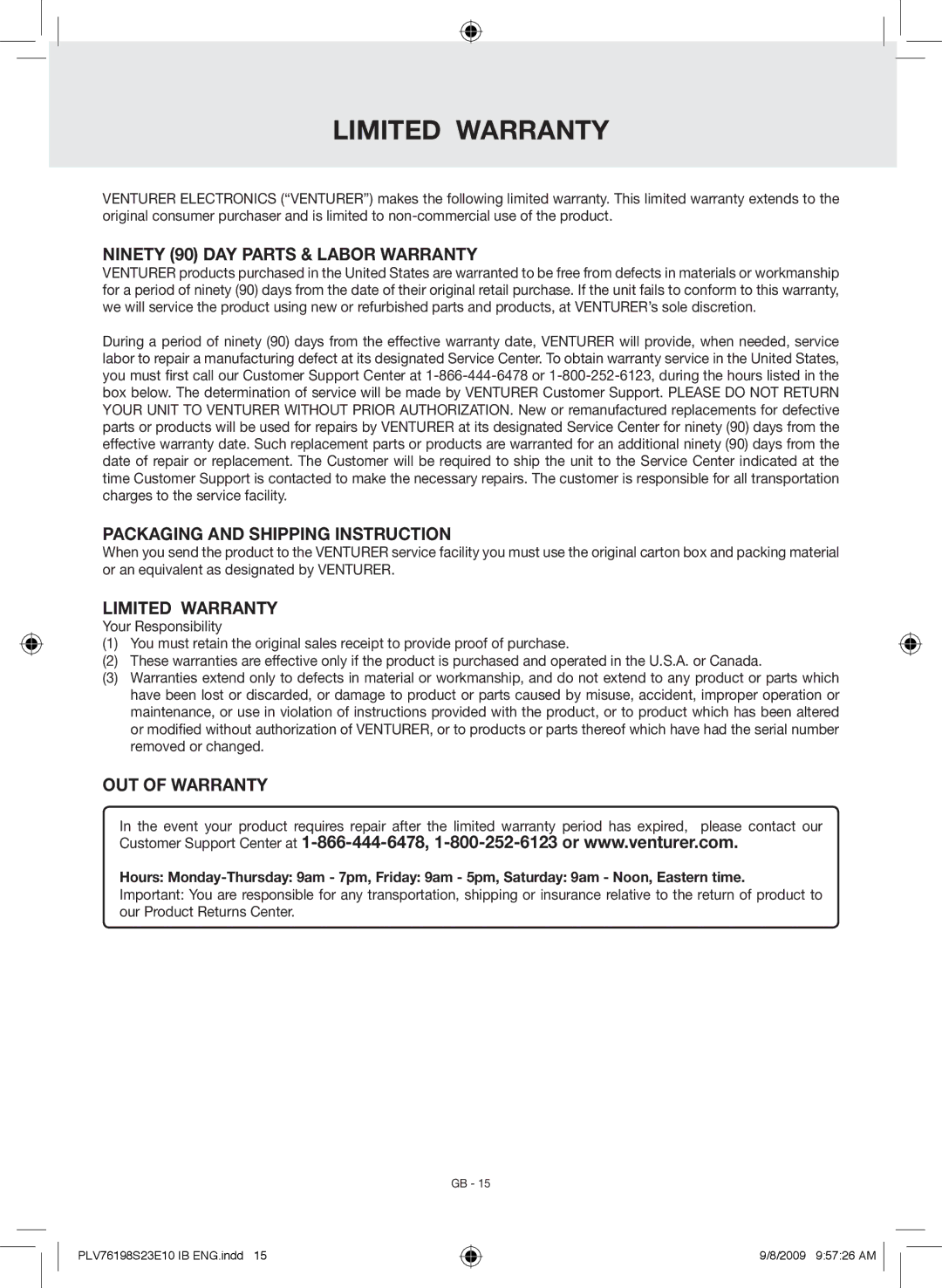 Venturer PLV76198E owner manual Ninety 90 Day Parts & Labor Warranty, Packaging and Shipping Instruction, Limited Warranty 