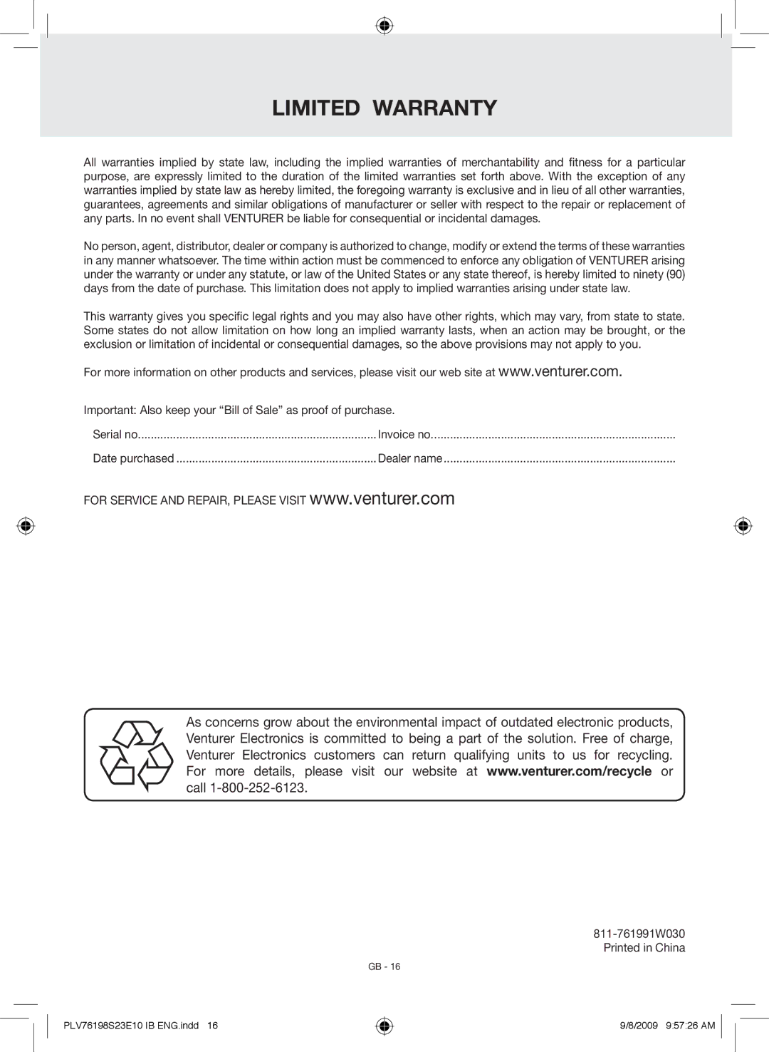 Venturer PLV76198E owner manual Important Also keep your Bill of Sale as proof of purchase 