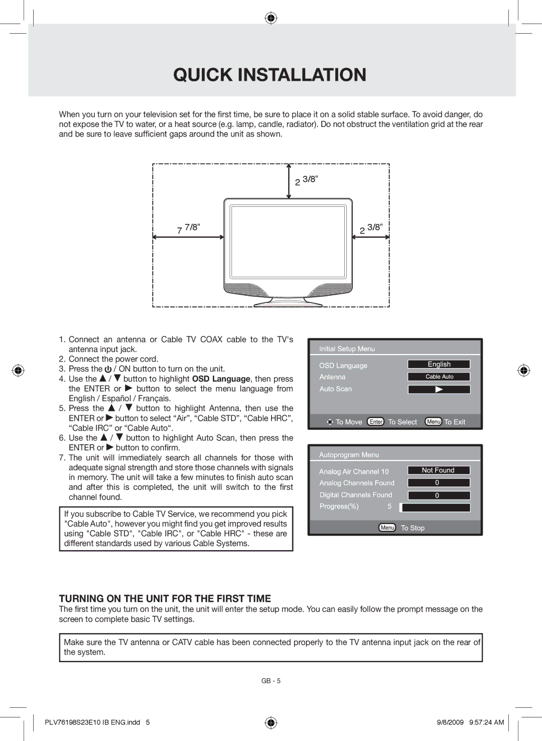 Venturer PLV76198E owner manual Quick Installation, Turning On the Unit for the first time 