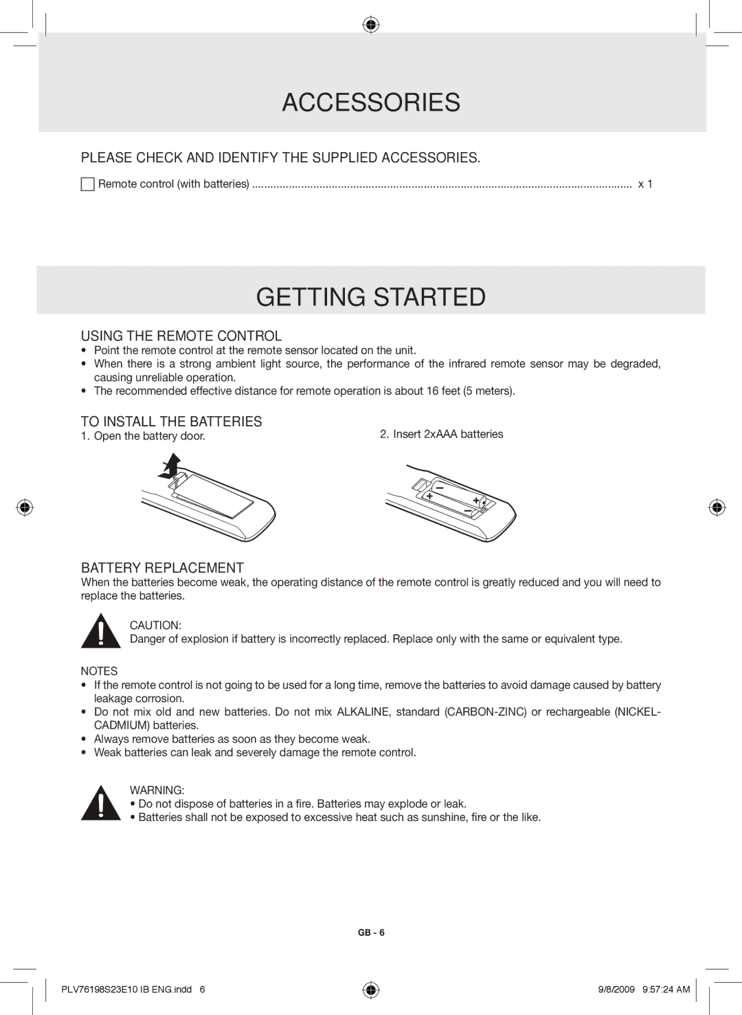 Venturer PLV76198E Accessories, Getting Started, Using the Remote Control, To Install the Batteries, Battery Replacement 