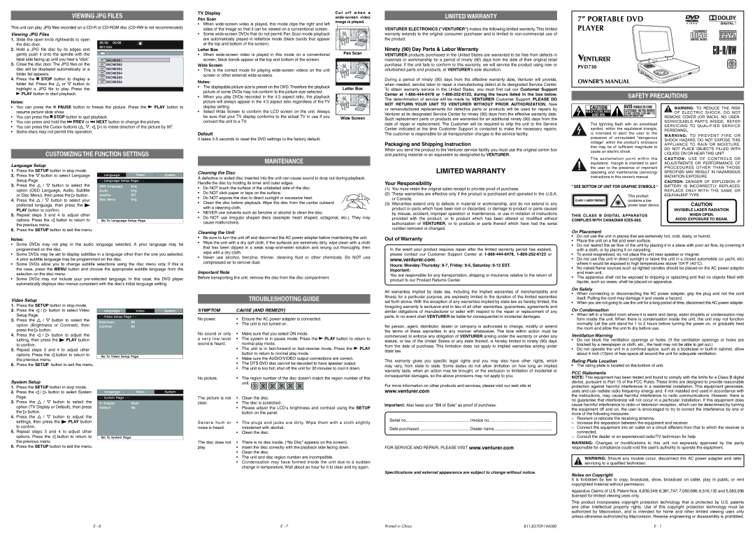 Venturer PVD730 owner manual Viewing JPG Files, Limited Warranty, Safety Precautions, Customizing the Function Settings 