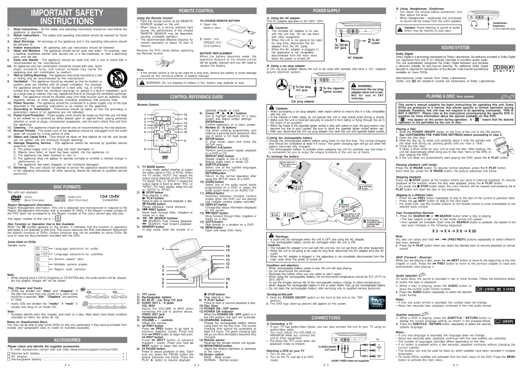 Venturer PVS1262 important safety instructions Remote Control Power Supply, Sound System, Control Reference Guide 