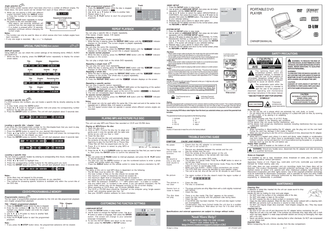 Venturer PVS1262 Safety Precautions, Playing MP3 and Picture File Disc, Trouble Shooting Guide, CD/DVD Programmable Memory 
