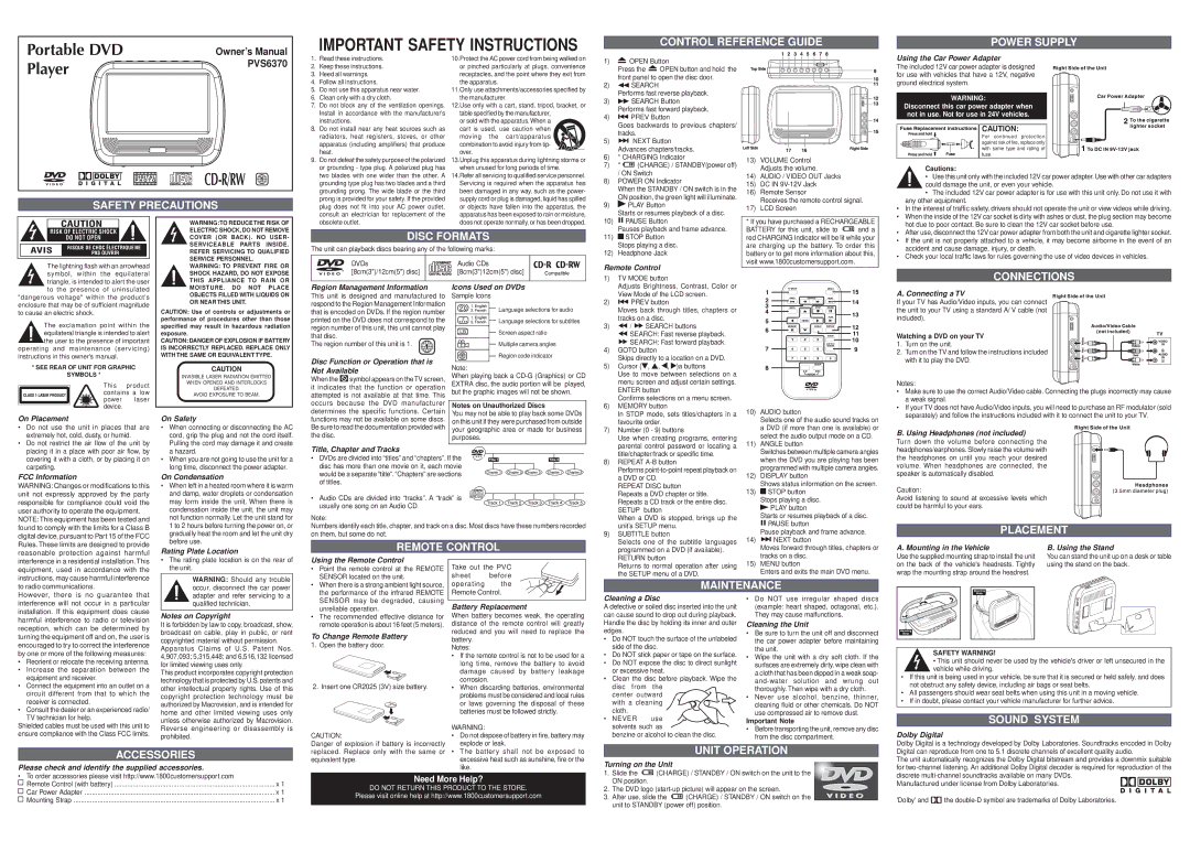 Venturer PVS6370 important safety instructions Control Reference Guide Power Supply, Safety Precautions, Disc Formats 