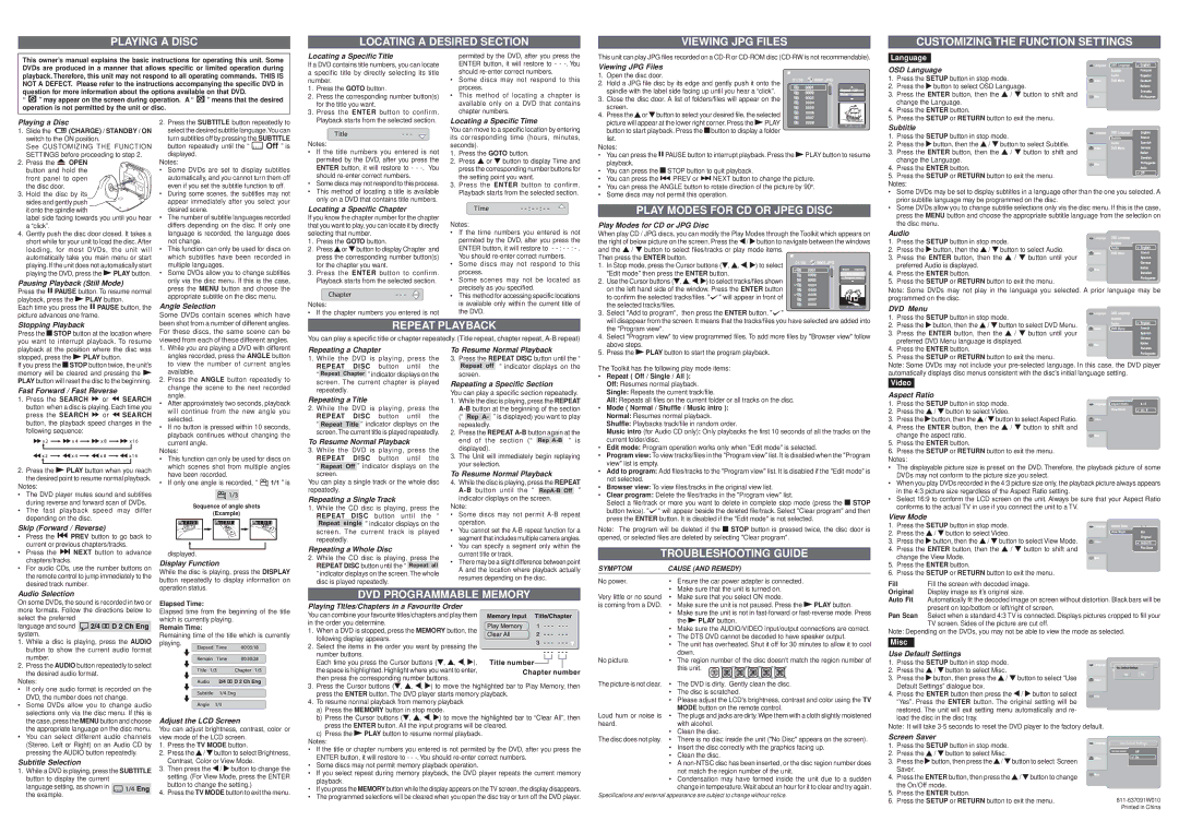 Venturer PVS6370 Play Modes for CD or Jpeg Disc, Repeat Playback, Troubleshooting Guide, DVD Programmable Memory 