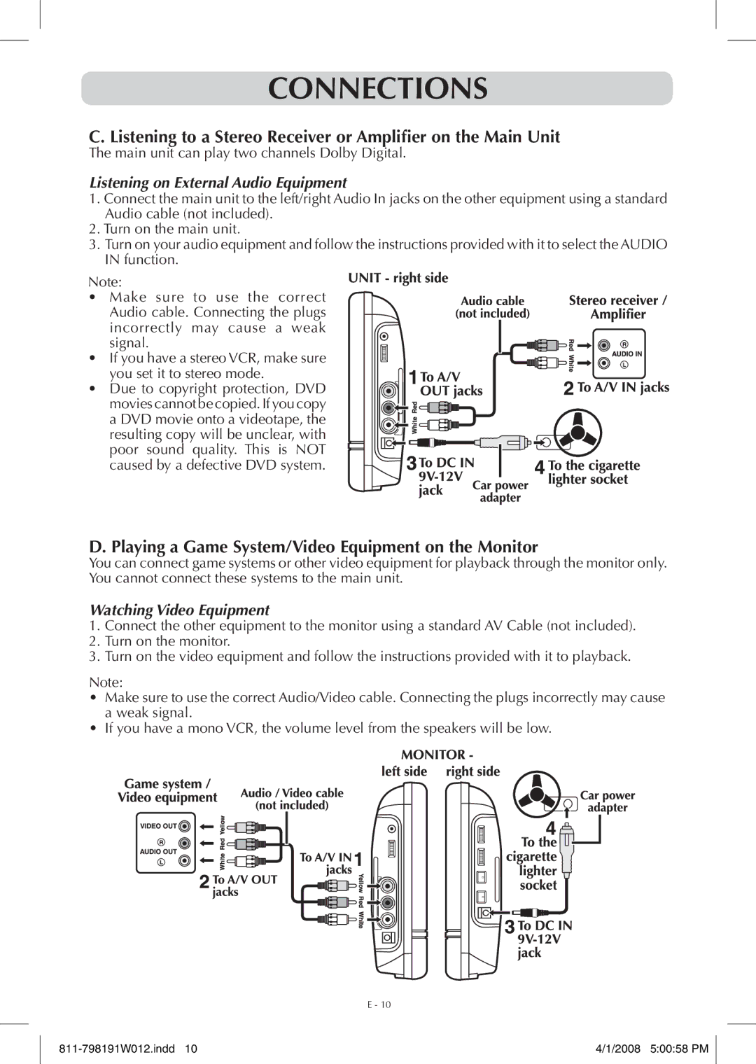 Venturer PVS7980 owner manual Listening to a Stereo Receiver or Amplifier on the Main Unit 