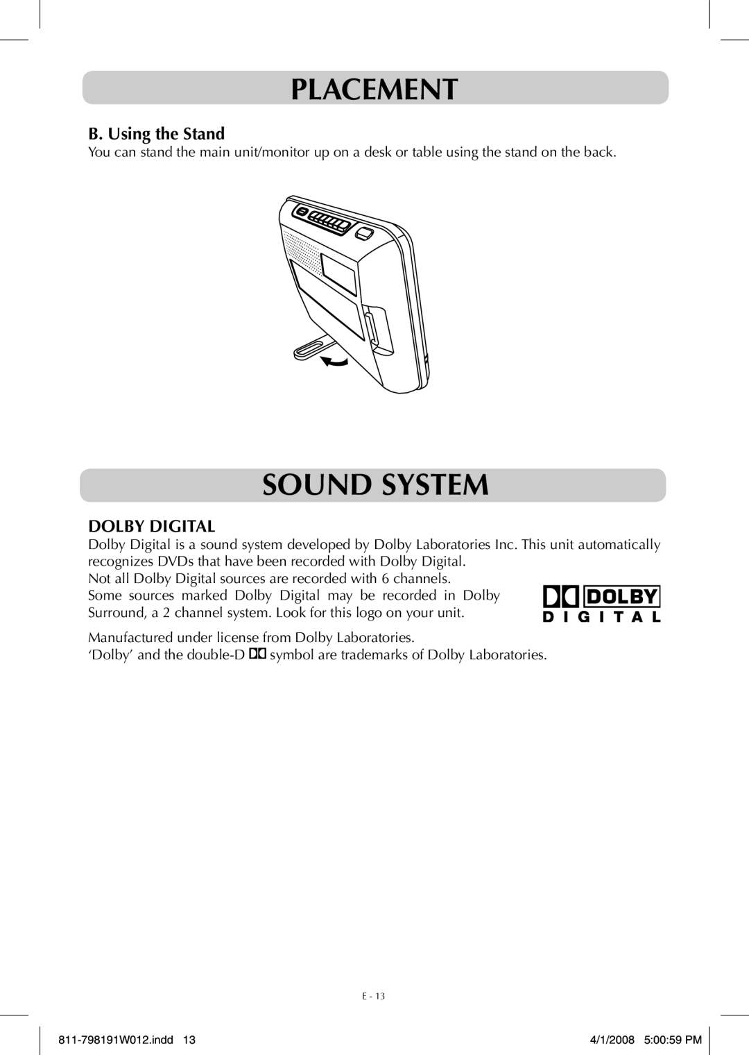 Venturer PVS7980 owner manual Sound system, Using the Stand, Dolby Digital 