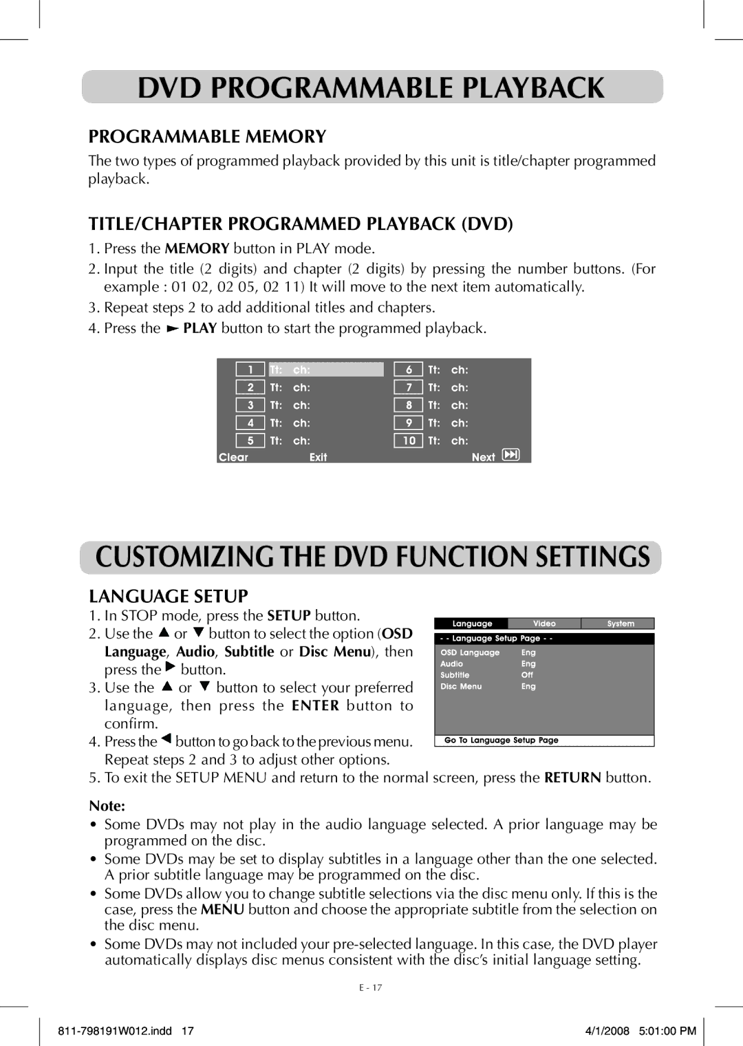 Venturer PVS7980 DVD Programmable Playback, Customizing the DVD Function Settings, Programmable memory, Language Setup 