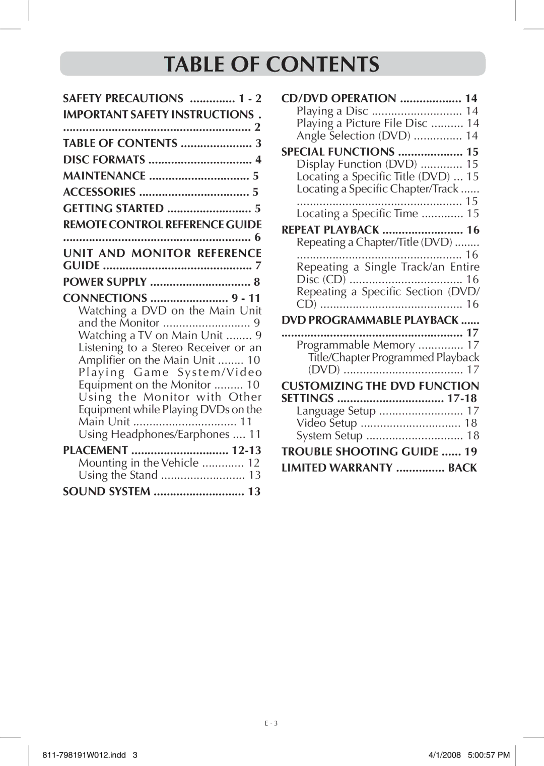 Venturer PVS7980 owner manual Table of Contents 