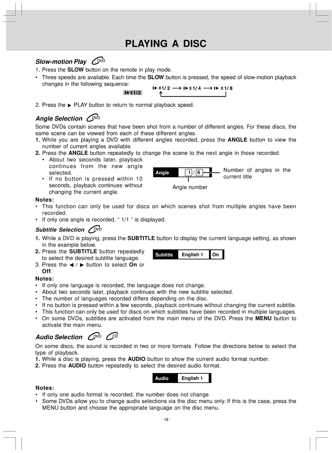 Venturer SHD7000 owner manual Slow-motion Play, Angle Selection, Audio Selection, Subtitle Selection 