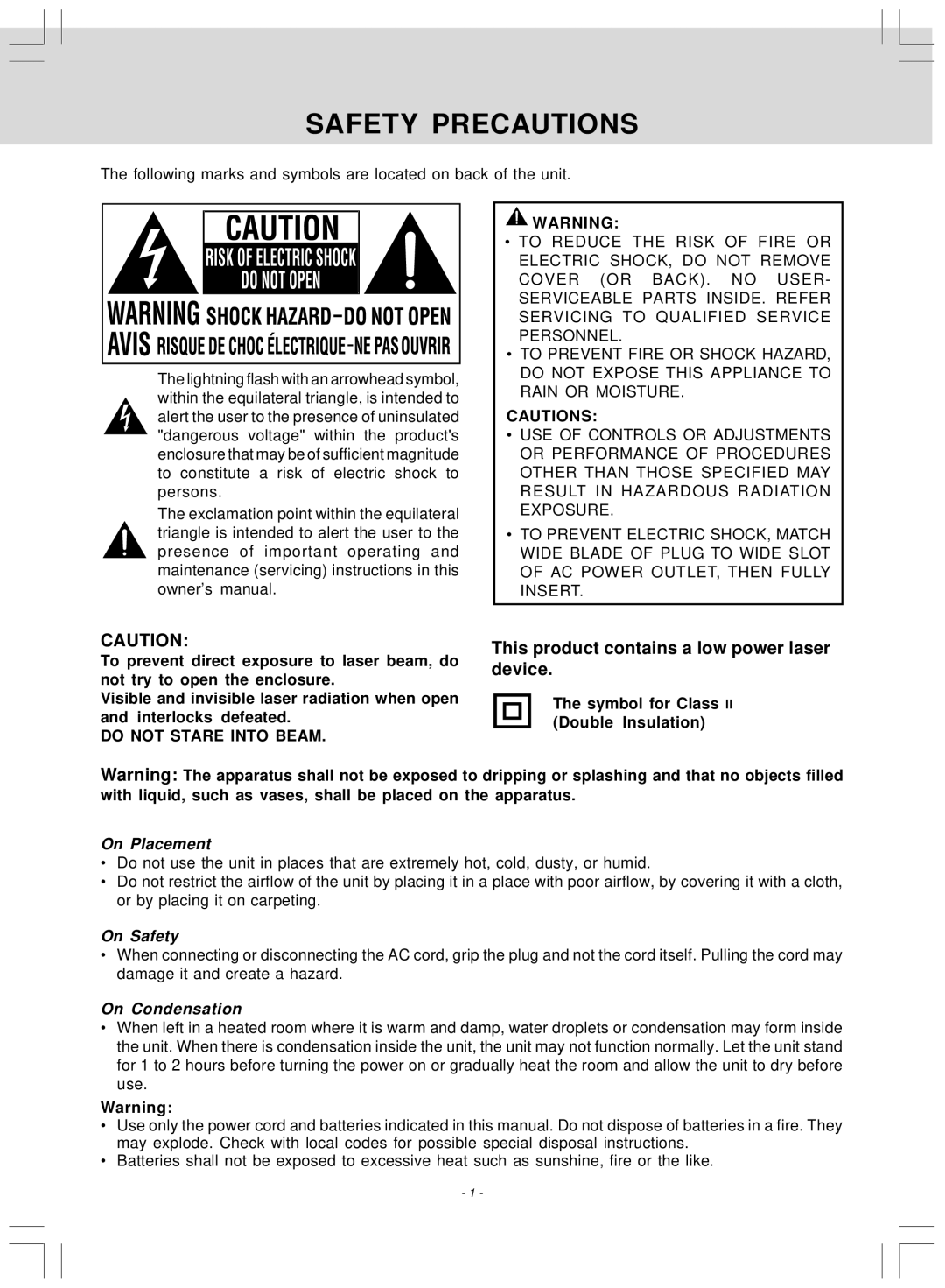 Venturer SHD7000 Safety Precautions, Symbol for Class Double lnsulation, On Placement, On Safety, On Condensation 