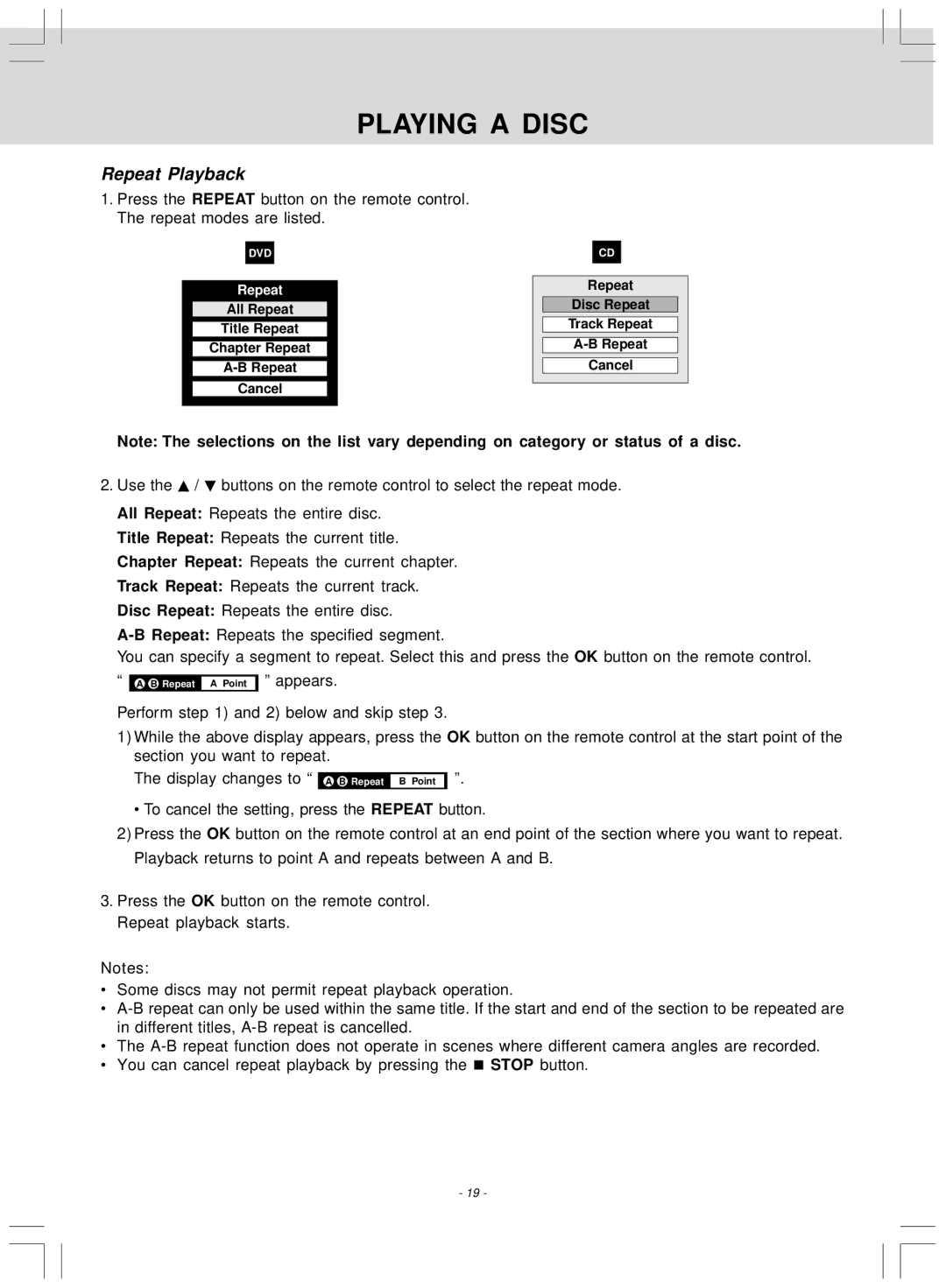 Venturer SHD7000 owner manual Repeat Playback 