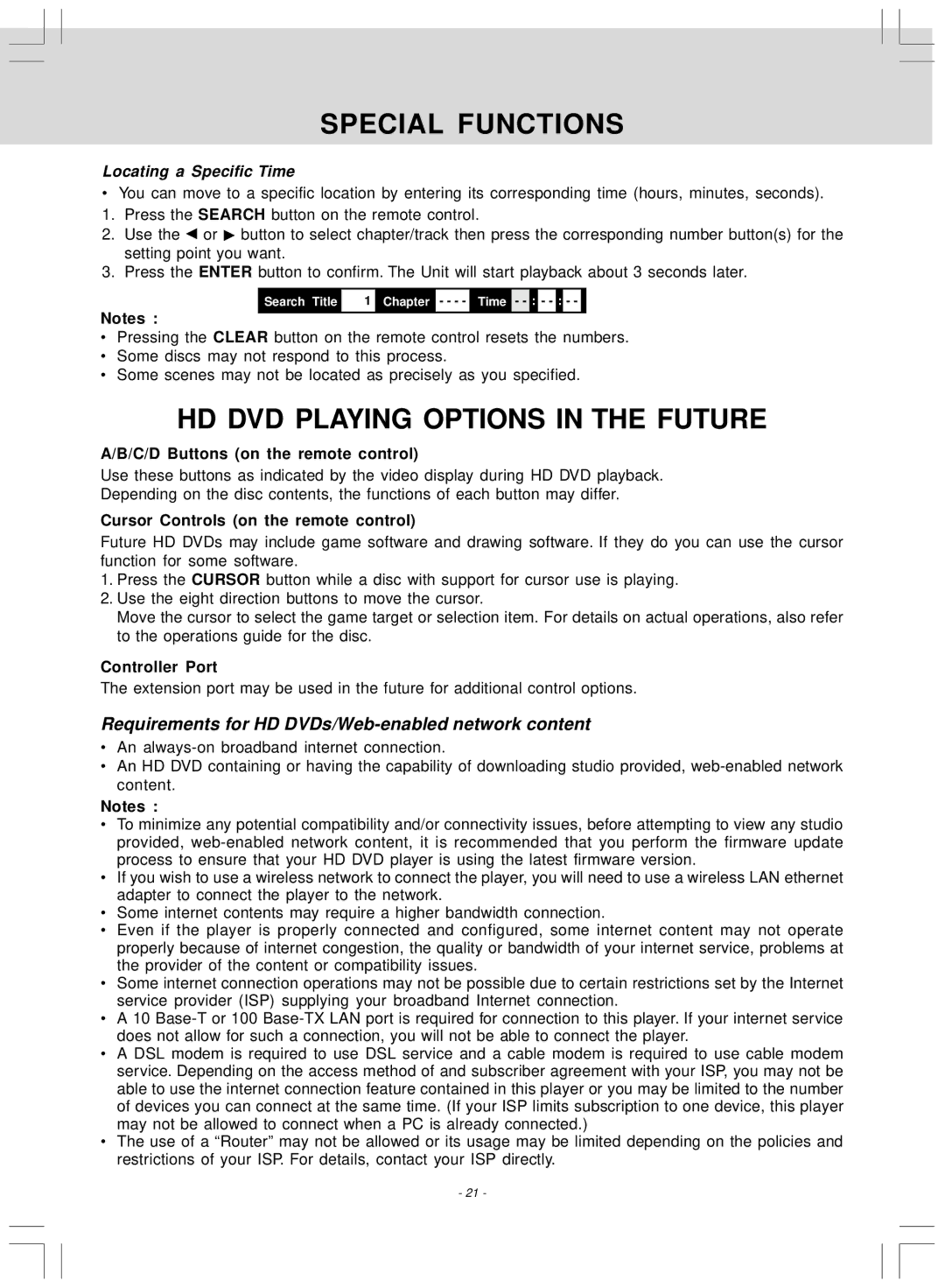 Venturer SHD7000 owner manual HD DVD Playing Options in the Future, Requirements for HD DVDs/Web-enabled network content 