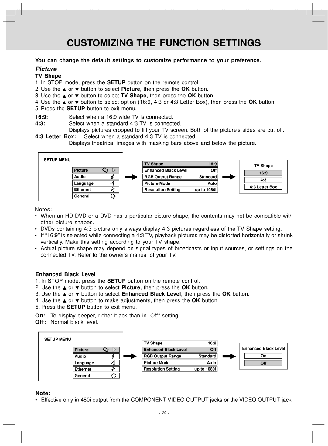 Venturer SHD7000 owner manual Customizing the Function Settings, Picture, TV Shape, Enhanced Black Level 