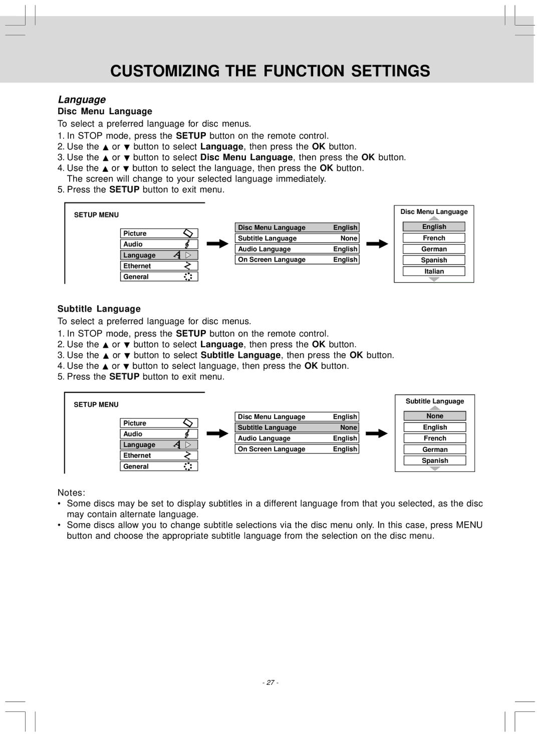 Venturer SHD7000 owner manual Disc Menu Language, Subtitle Language 