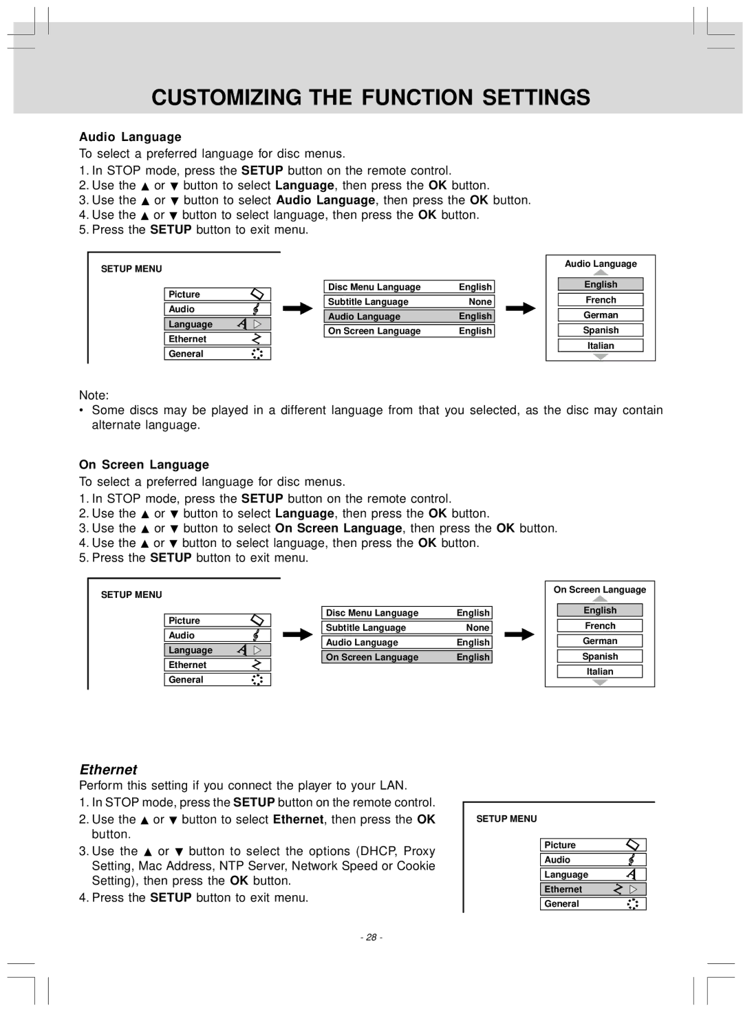 Venturer SHD7000 owner manual Ethernet, Audio Language, On Screen Language 