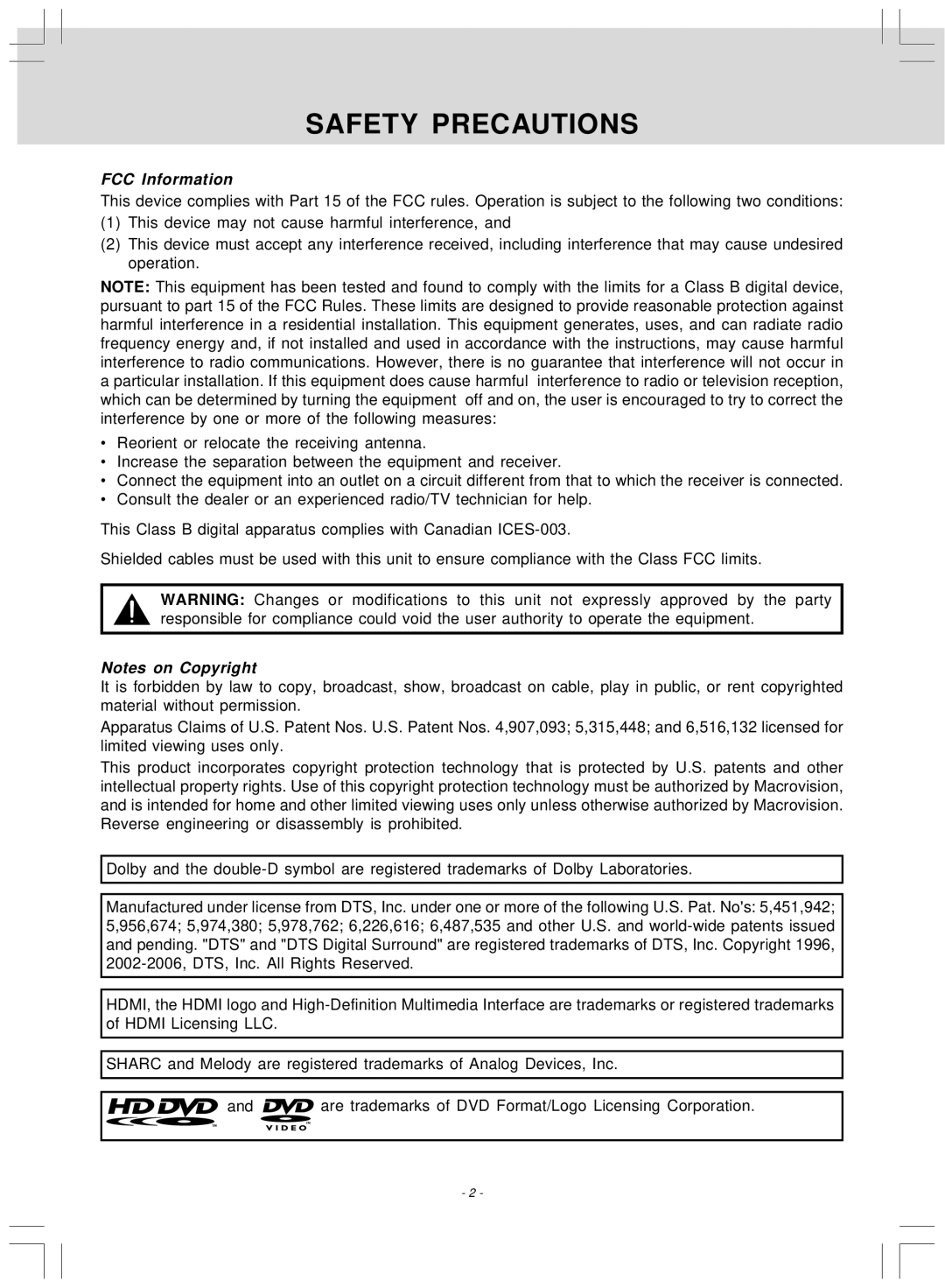 Venturer SHD7000 owner manual FCC Information 