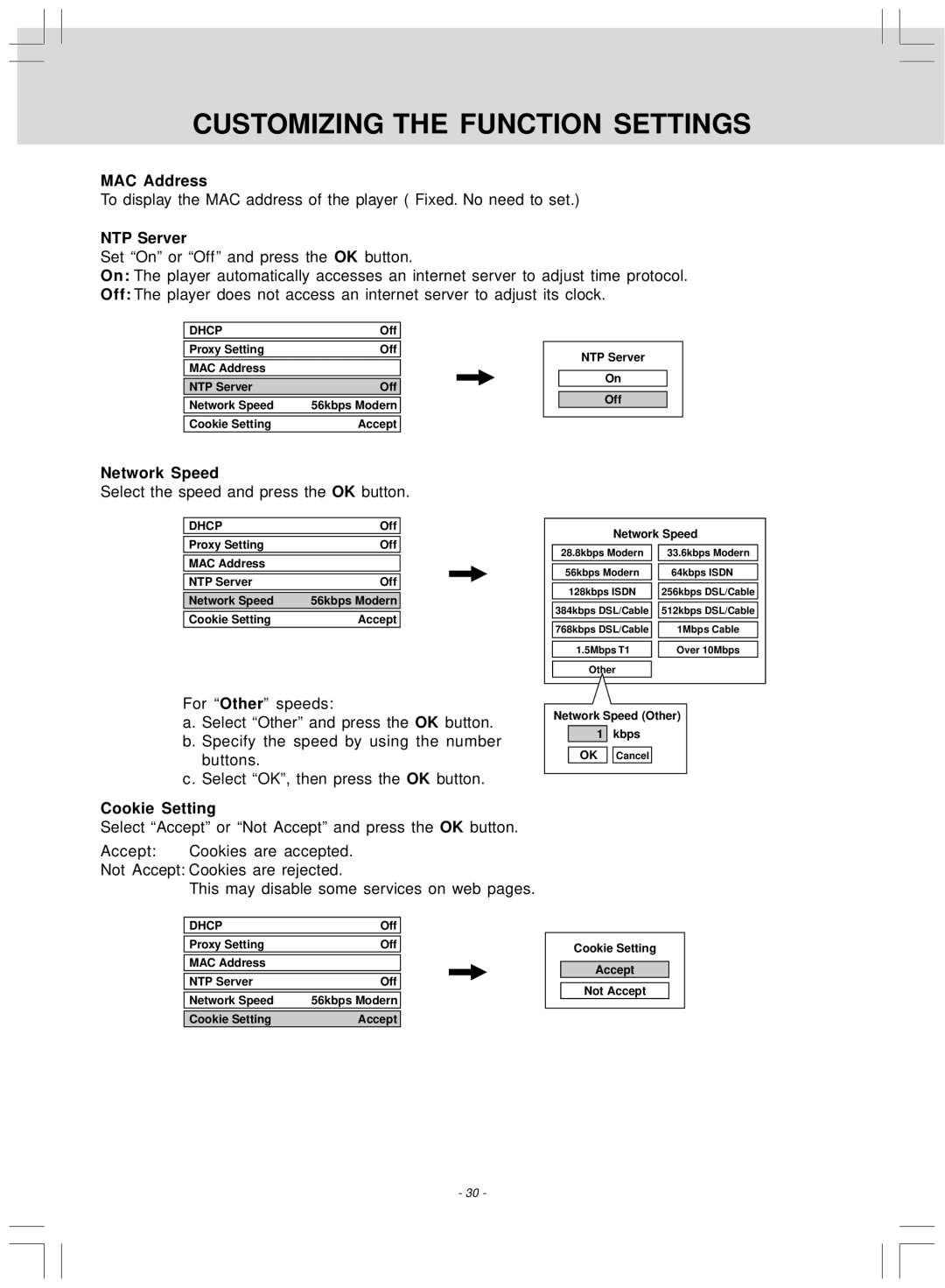 Venturer SHD7000 owner manual MAC Address, NTP Server, Network Speed, Cookie Setting 