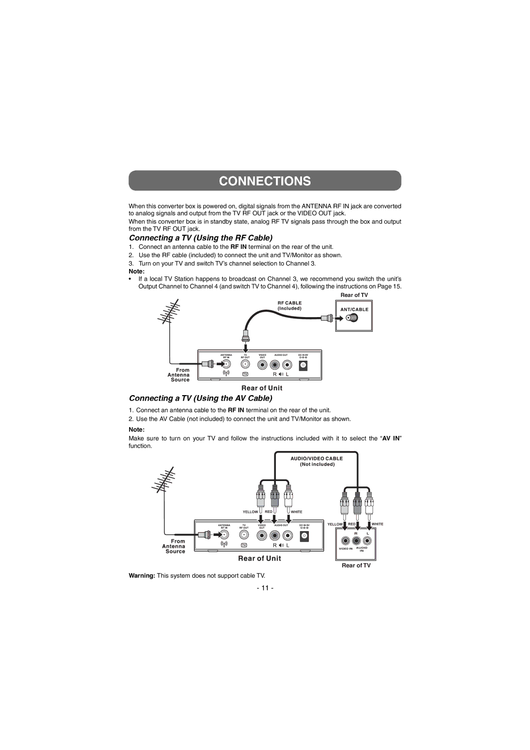 Venturer STB7766G1 instruction manual Connections, Connecting a TV Using the RF Cable, Connecting a TV Using the AV Cable 