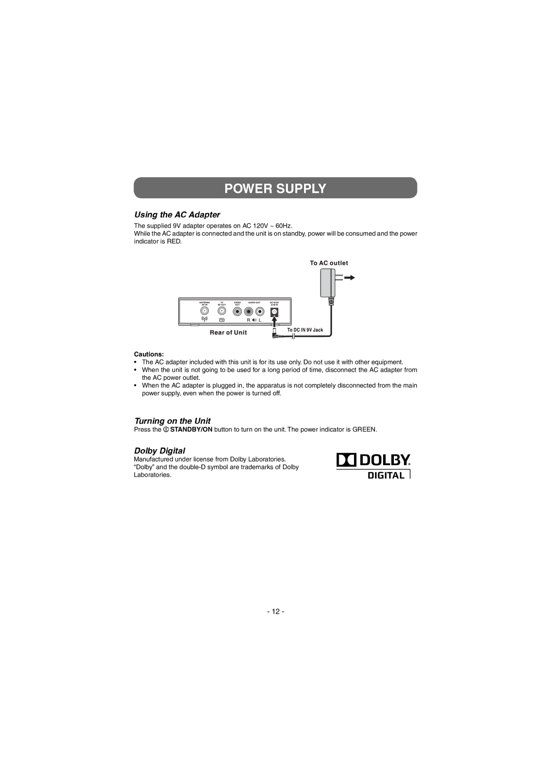 Venturer STB7766G1 instruction manual Power Supply, Using the AC Adapter, Turning on the Unit, Dolby Digital 