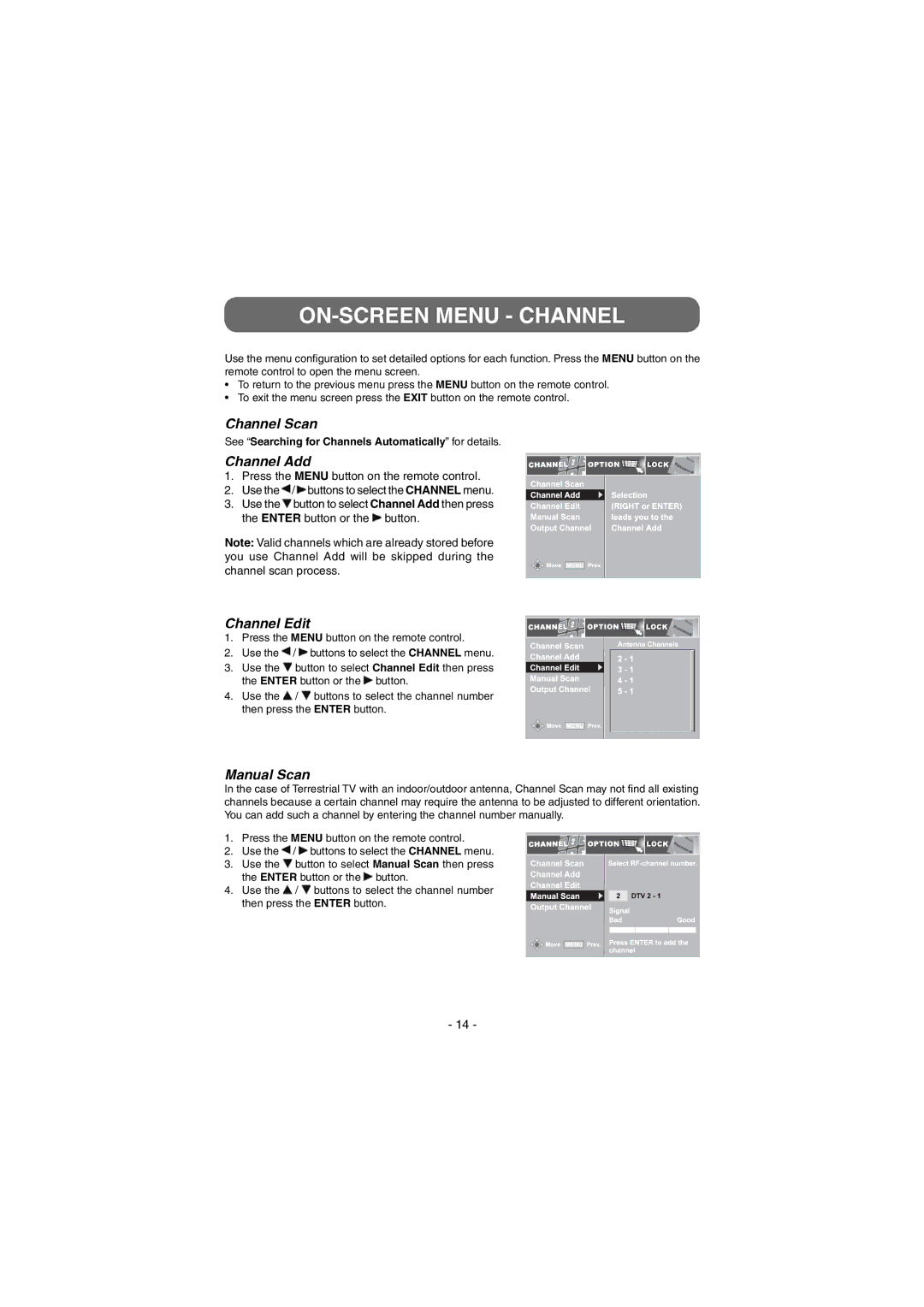 Venturer STB7766G1 instruction manual ON-SCREEN Menu Channel, Channel Scan, Channel Add, Channel Edit, Manual Scan 