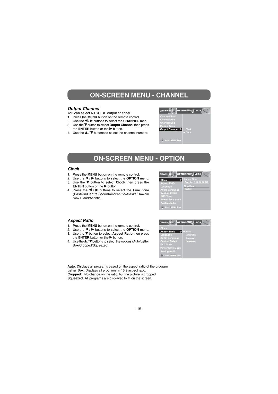 Venturer STB7766G1 instruction manual ON-SCREEN Menu Option, Output Channel, Clock, Aspect Ratio 