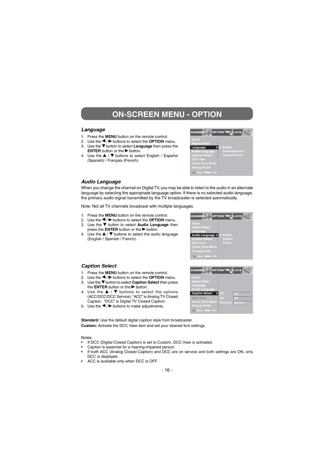 Venturer STB7766G1 instruction manual Audio Language, Caption Select 