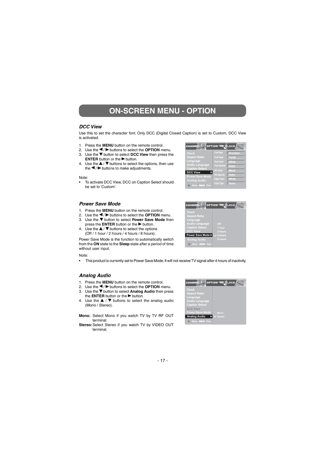 Venturer STB7766G1 instruction manual DCC View, Power Save Mode, Analog Audio 